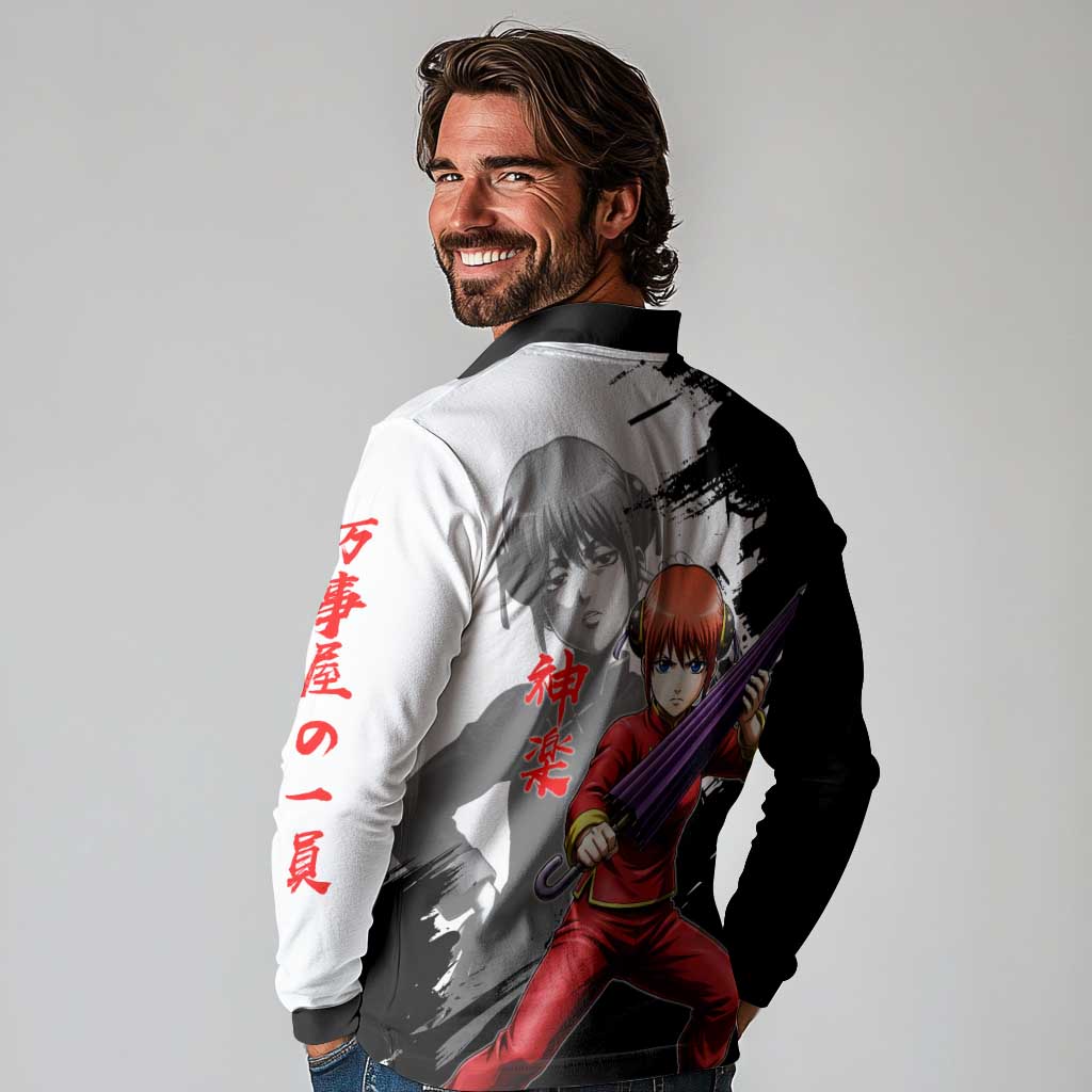 Kagura Long Sleeve Polo Shirt Fierce Comedy Martial Ink Style