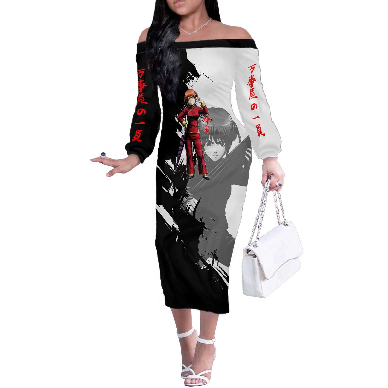 Kagura Off The Shoulder Long Sleeve Dress Fierce Comedy Martial Ink Style