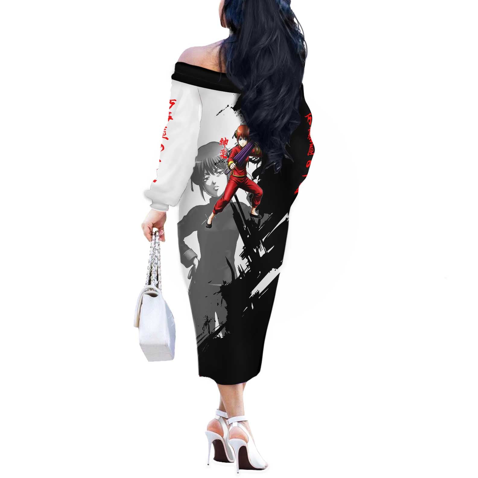 Kagura Off The Shoulder Long Sleeve Dress Fierce Comedy Martial Ink Style