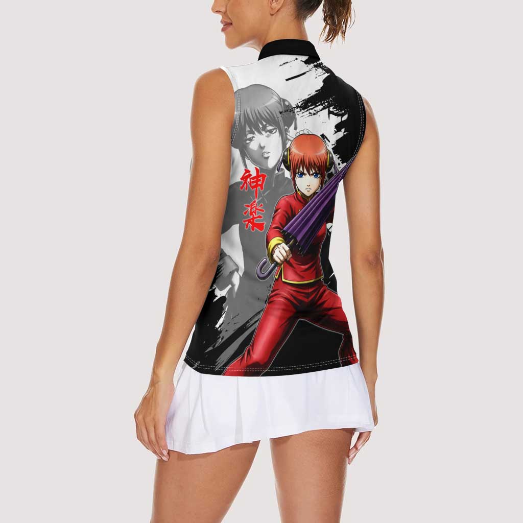 Kagura Women Sleeveless Polo Shirt Fierce Comedy Martial Ink Style