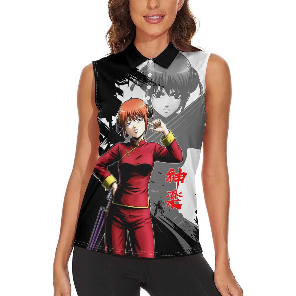 Kagura Women Sleeveless Polo Shirt Fierce Comedy Martial Ink Style