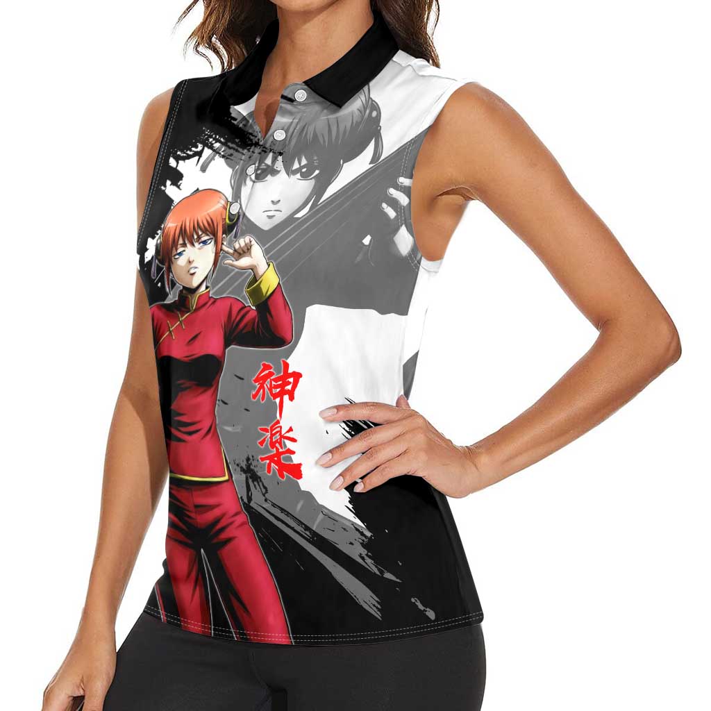 Kagura Women Sleeveless Polo Shirt Fierce Comedy Martial Ink Style