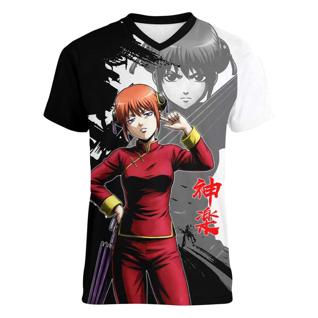Kagura Women V-Neck T-Shirt Fierce Comedy Martial Ink Style