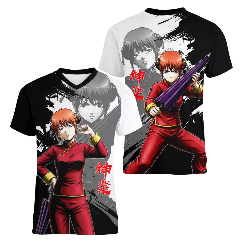 Kagura Women V-Neck T-Shirt Fierce Comedy Martial Ink Style