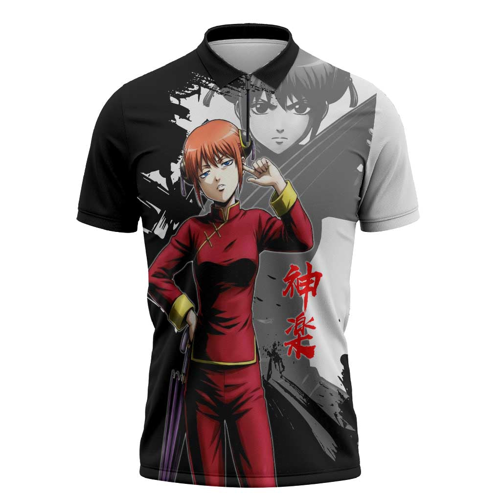 Kagura Zipper Polo Shirt Fierce Comedy Martial Ink Style