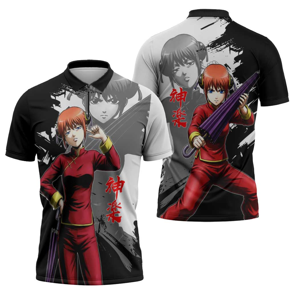 Kagura Zipper Polo Shirt Fierce Comedy Martial Ink Style