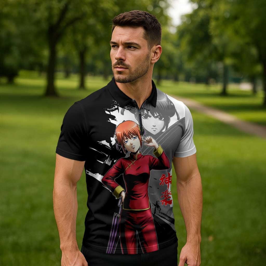 Kagura Zipper Polo Shirt Fierce Comedy Martial Ink Style