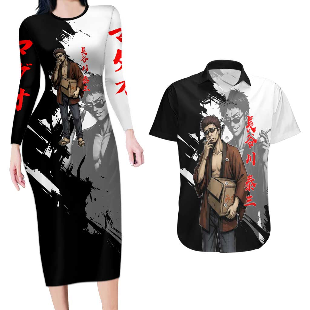 Taizo Hasegawa Couples Matching Long Sleeve Bodycon Dress and Hawaiian Shirt Grunge Edo Comedy Ink Style