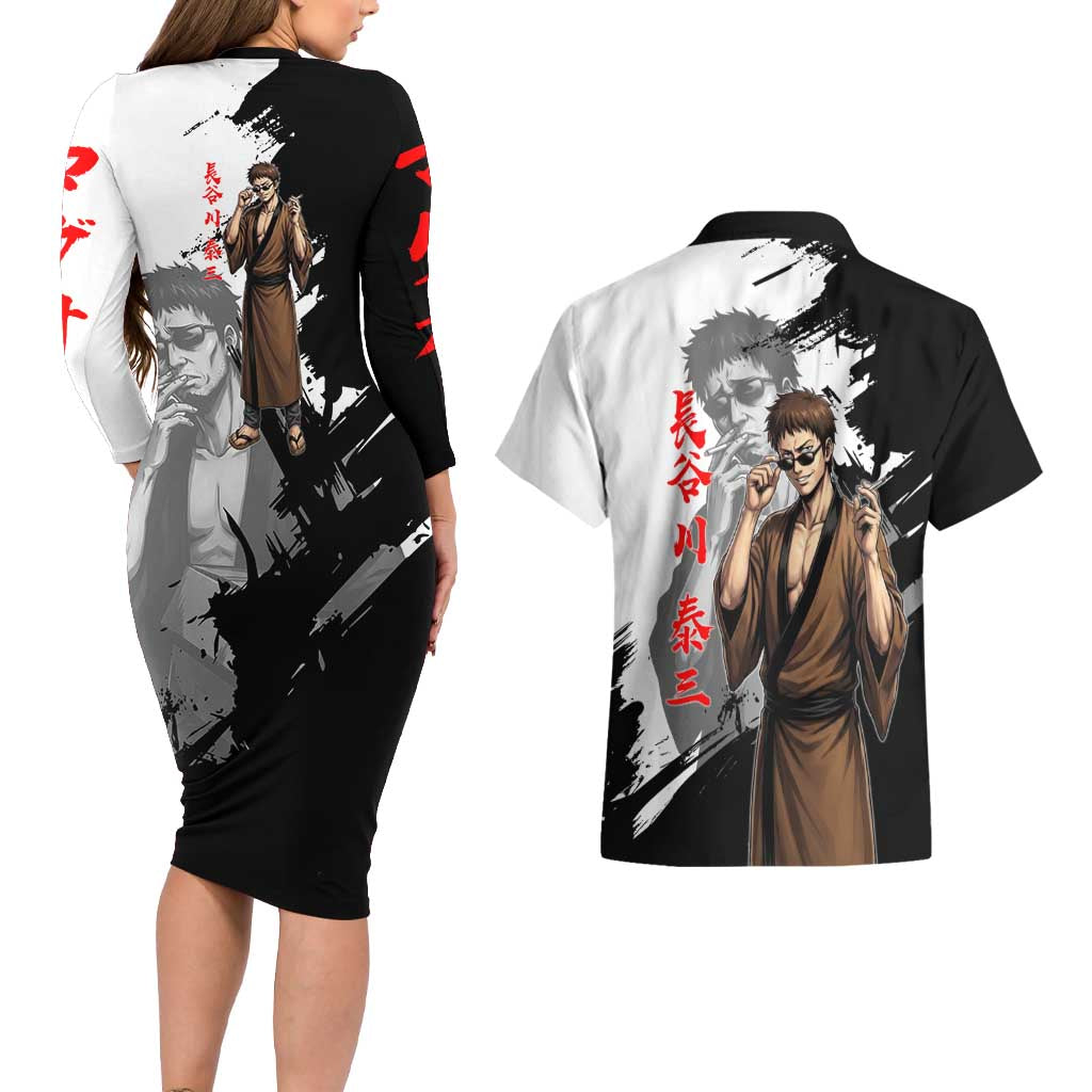 Taizo Hasegawa Couples Matching Long Sleeve Bodycon Dress and Hawaiian Shirt Grunge Edo Comedy Ink Style