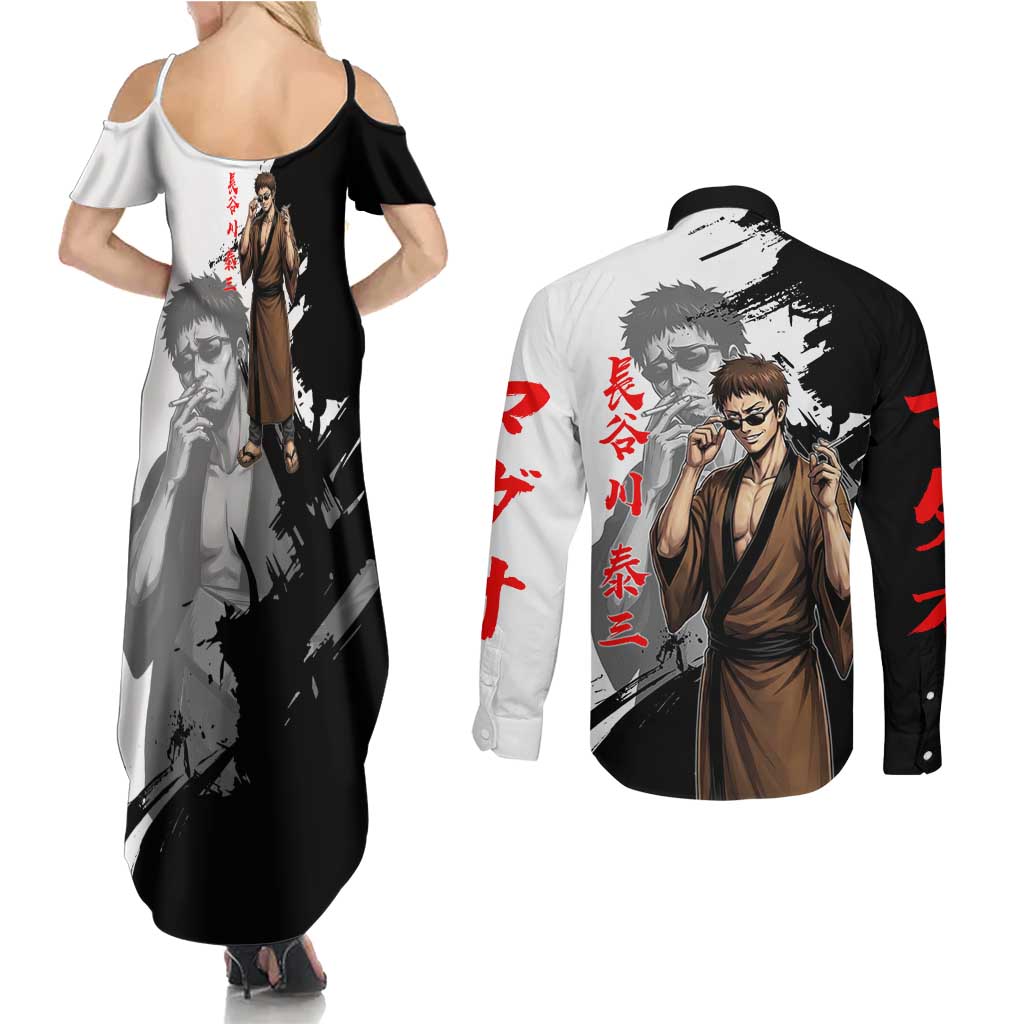 Taizo Hasegawa Couples Matching Summer Maxi Dress and Long Sleeve Button Shirt Grunge Edo Comedy Ink Style
