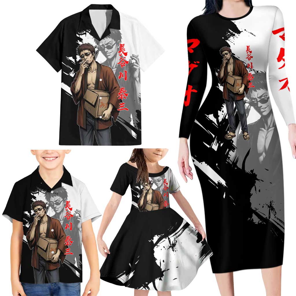 Taizo Hasegawa Family Matching Long Sleeve Bodycon Dress and Hawaiian Shirt Grunge Edo Comedy Ink Style