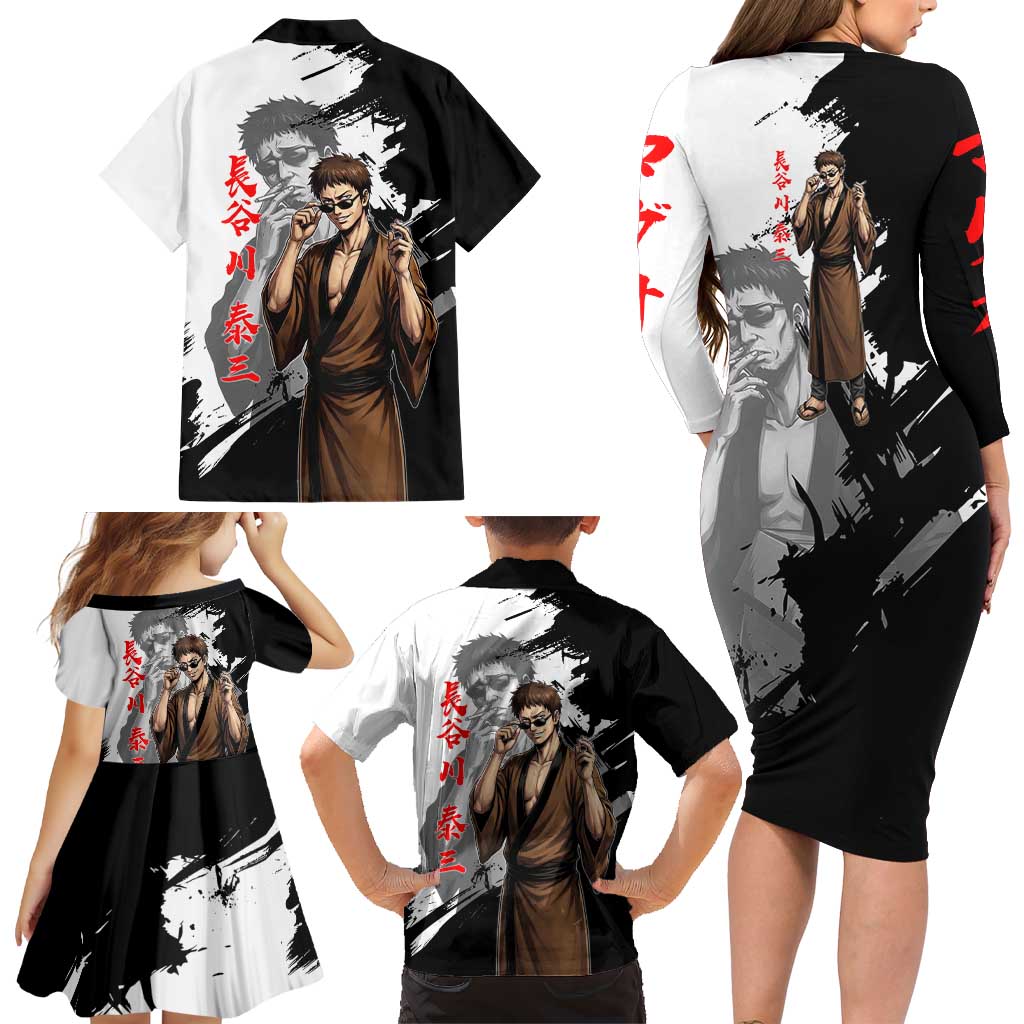 Taizo Hasegawa Family Matching Long Sleeve Bodycon Dress and Hawaiian Shirt Grunge Edo Comedy Ink Style