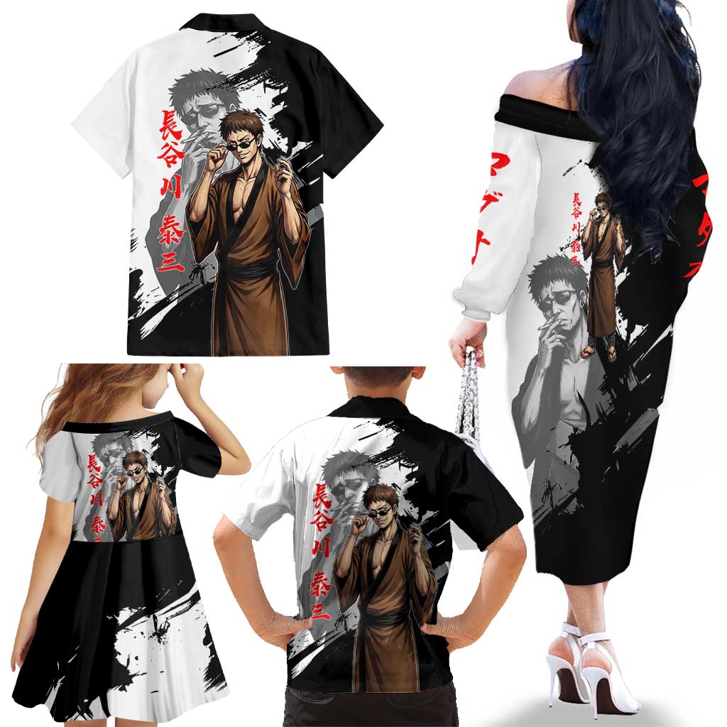 Taizo Hasegawa Family Matching Off The Shoulder Long Sleeve Dress and Hawaiian Shirt Grunge Edo Comedy Ink Style