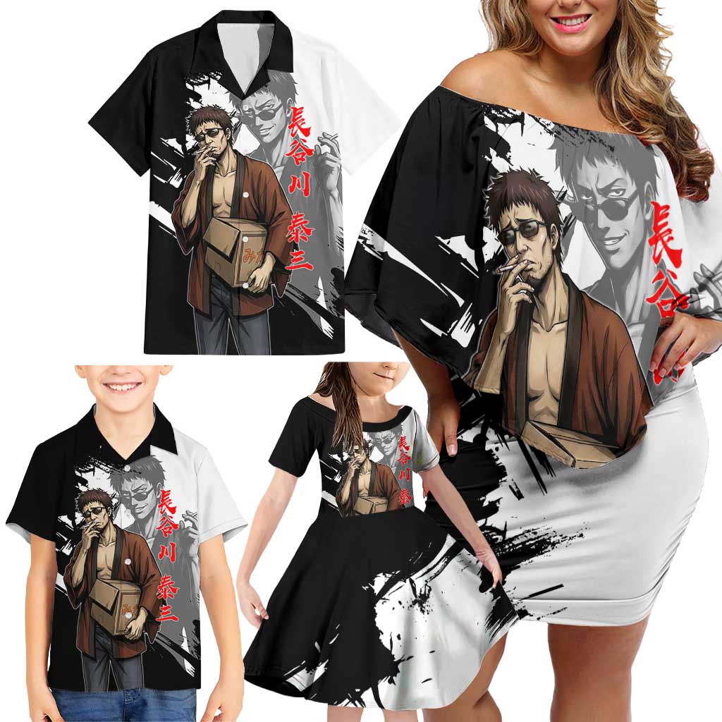 Taizo Hasegawa Family Matching Off Shoulder Short Dress and Hawaiian Shirt Grunge Edo Comedy Ink Style