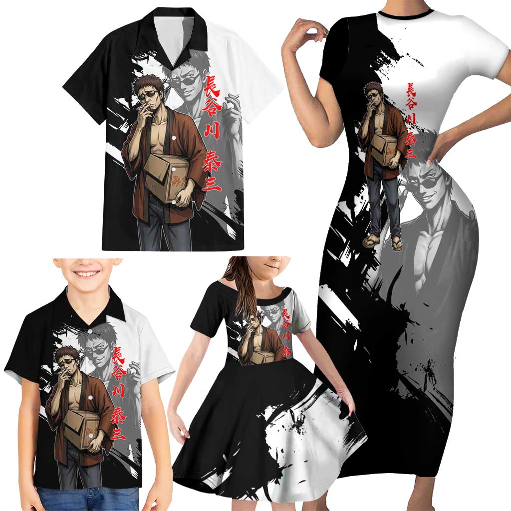 Taizo Hasegawa Family Matching Short Sleeve Bodycon Dress and Hawaiian Shirt Grunge Edo Comedy Ink Style