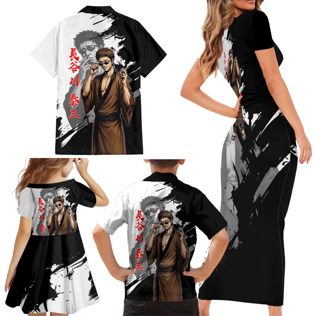 Taizo Hasegawa Family Matching Short Sleeve Bodycon Dress and Hawaiian Shirt Grunge Edo Comedy Ink Style