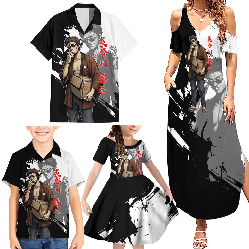Taizo Hasegawa Family Matching Summer Maxi Dress and Hawaiian Shirt Grunge Edo Comedy Ink Style