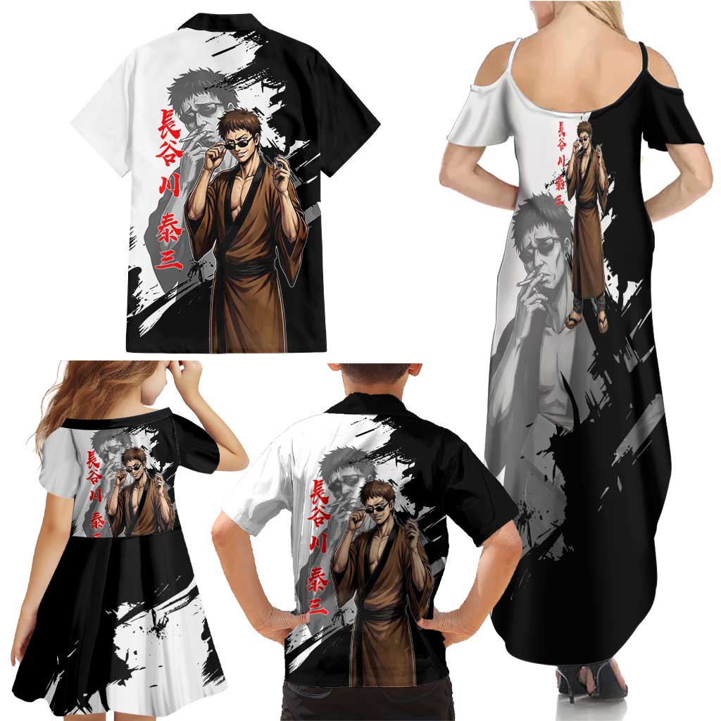 Taizo Hasegawa Family Matching Summer Maxi Dress and Hawaiian Shirt Grunge Edo Comedy Ink Style