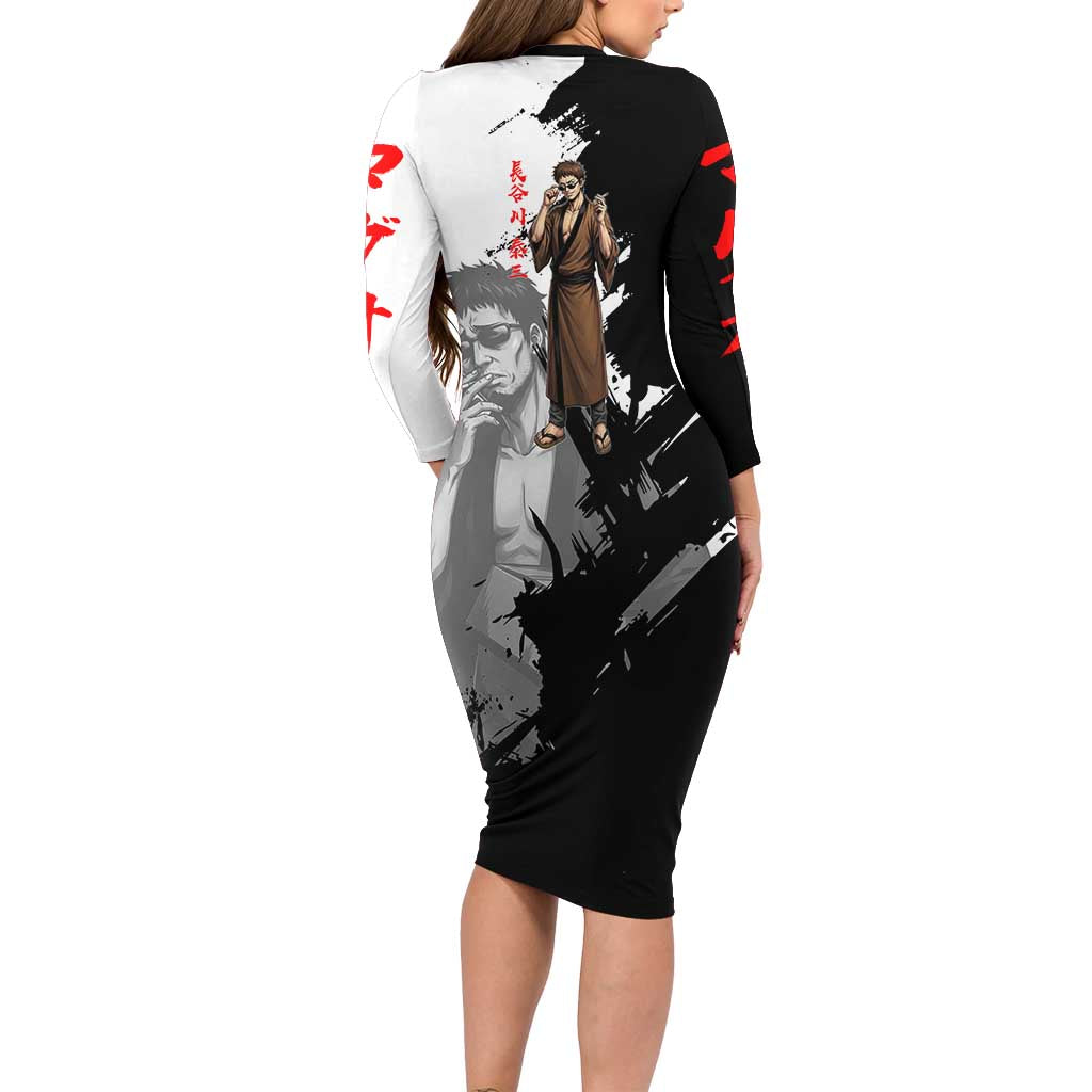 Taizo Hasegawa Long Sleeve Bodycon Dress Grunge Edo Comedy Ink Style