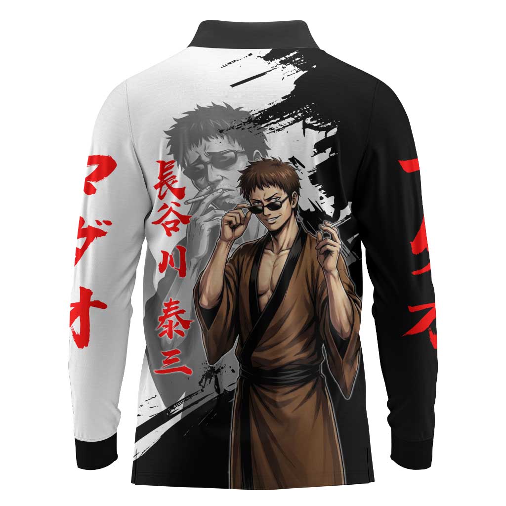 Taizo Hasegawa Long Sleeve Polo Shirt Grunge Edo Comedy Ink Style
