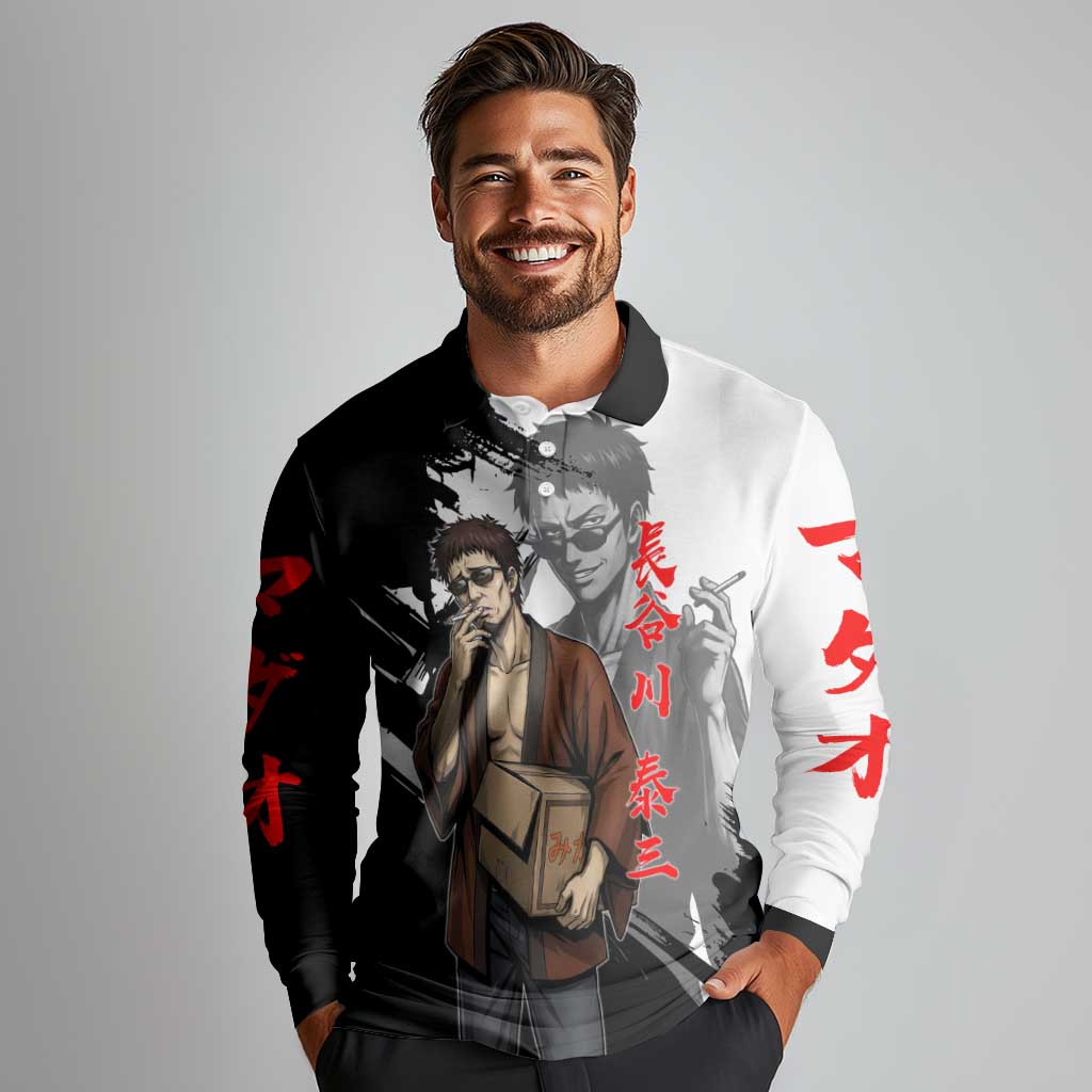 Taizo Hasegawa Long Sleeve Polo Shirt Grunge Edo Comedy Ink Style
