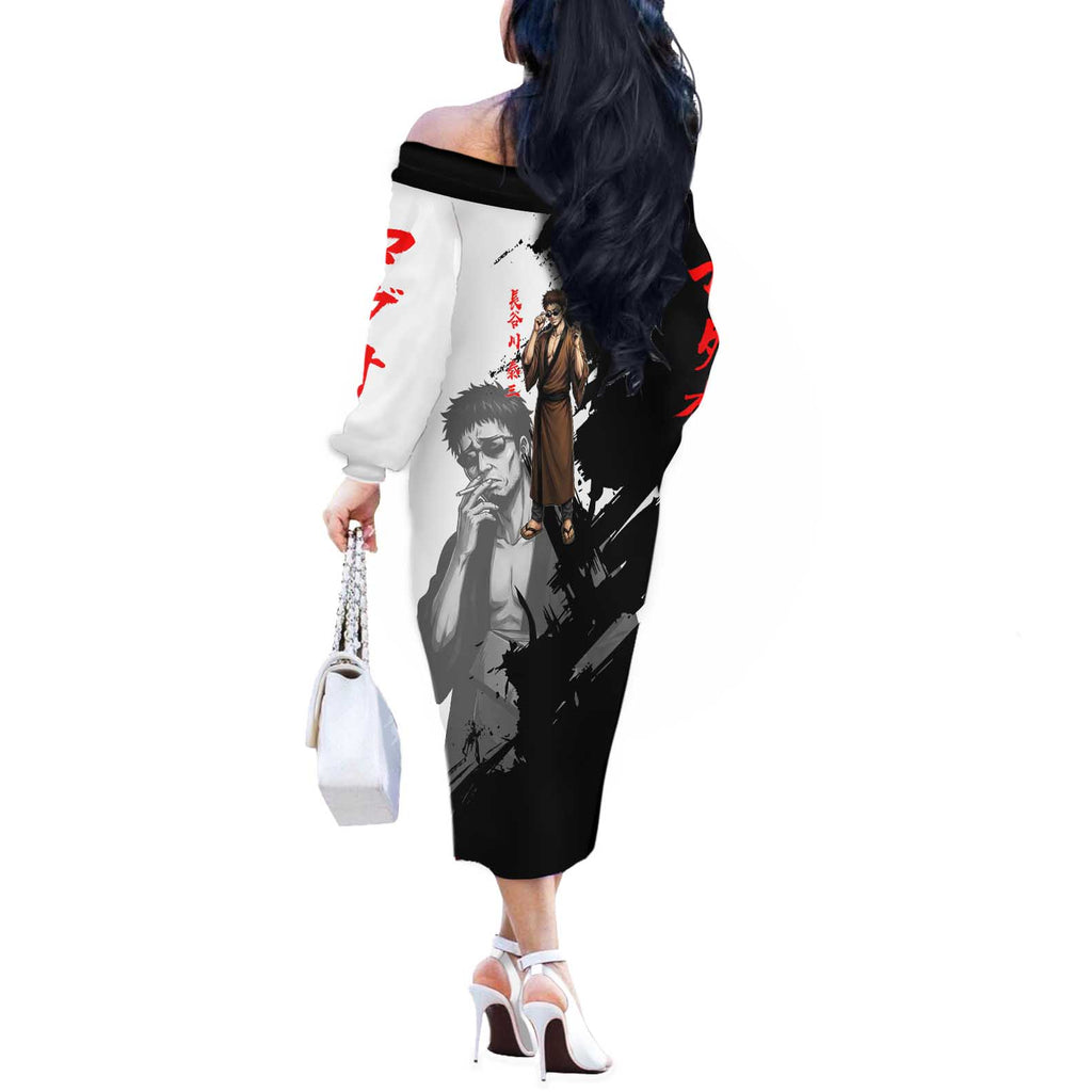 Taizo Hasegawa Off The Shoulder Long Sleeve Dress Grunge Edo Comedy Ink Style