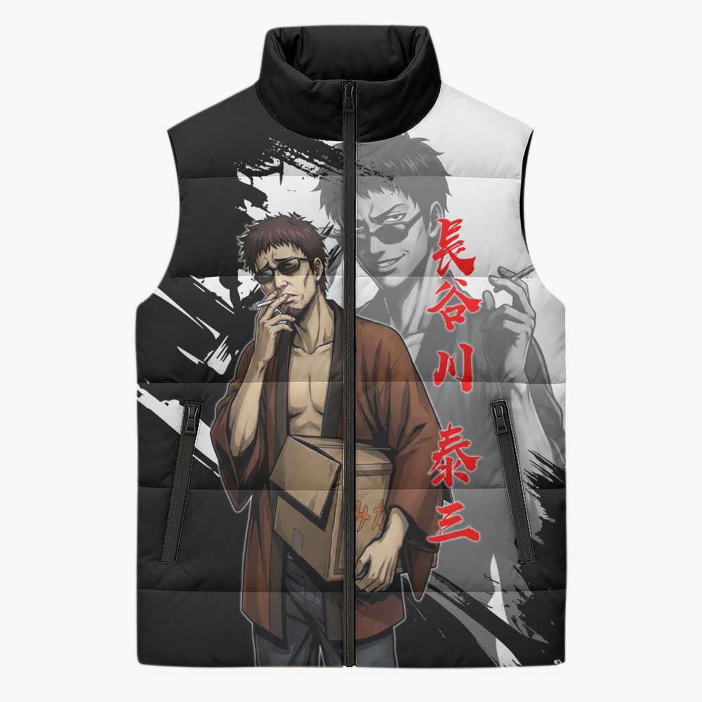 Taizo Hasegawa Sleeveless Puffer Jacket Grunge Edo Comedy Ink Style