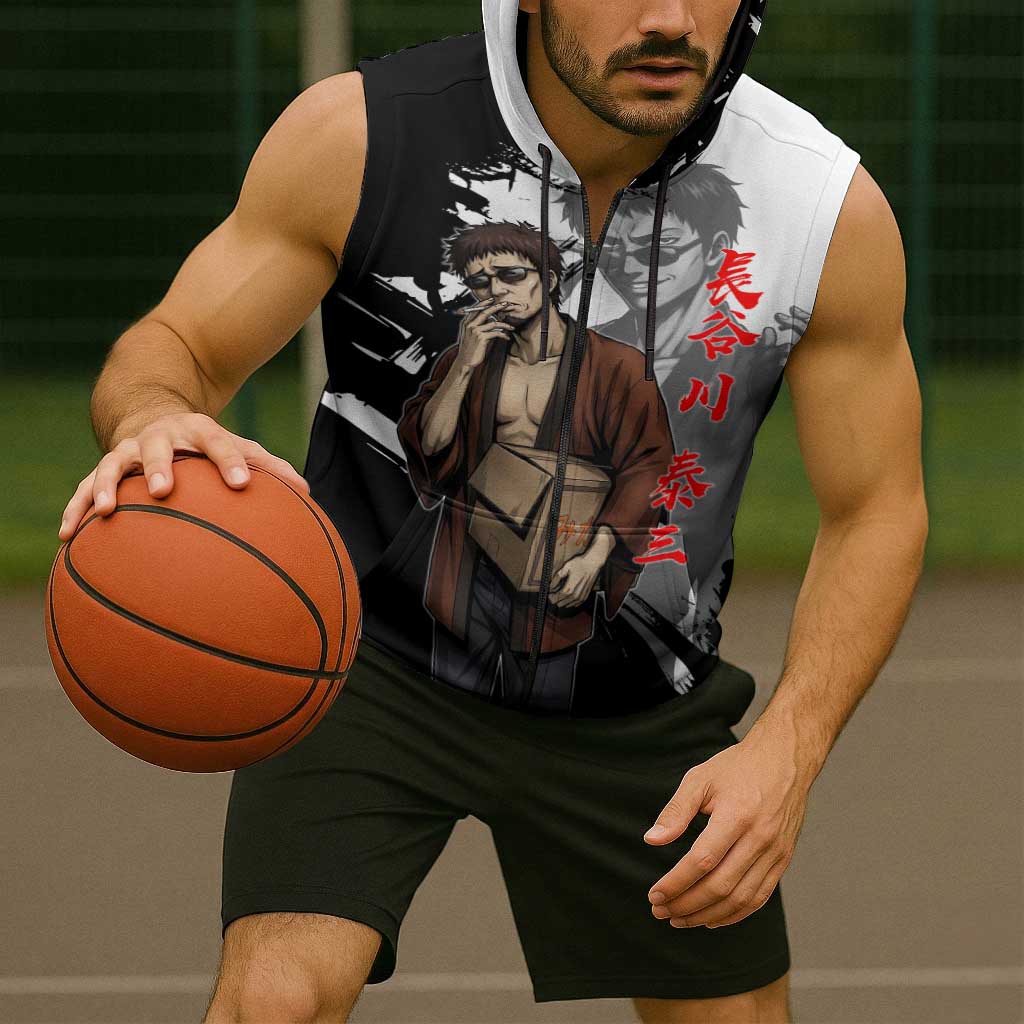 Taizo Hasegawa Sleeveless Zip Hoodie Grunge Edo Comedy Ink Style