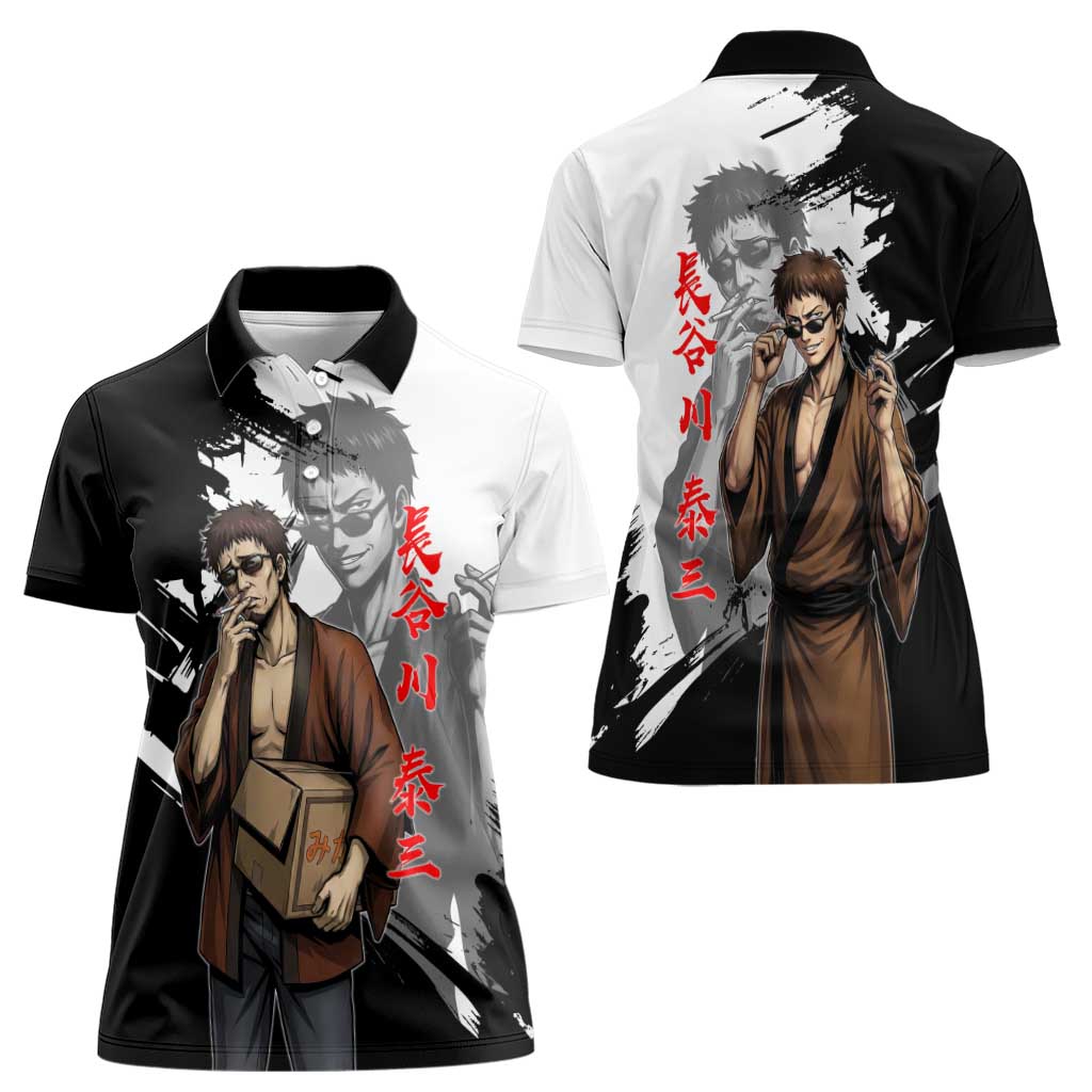 Taizo Hasegawa Women Polo Shirt Grunge Edo Comedy Ink Style