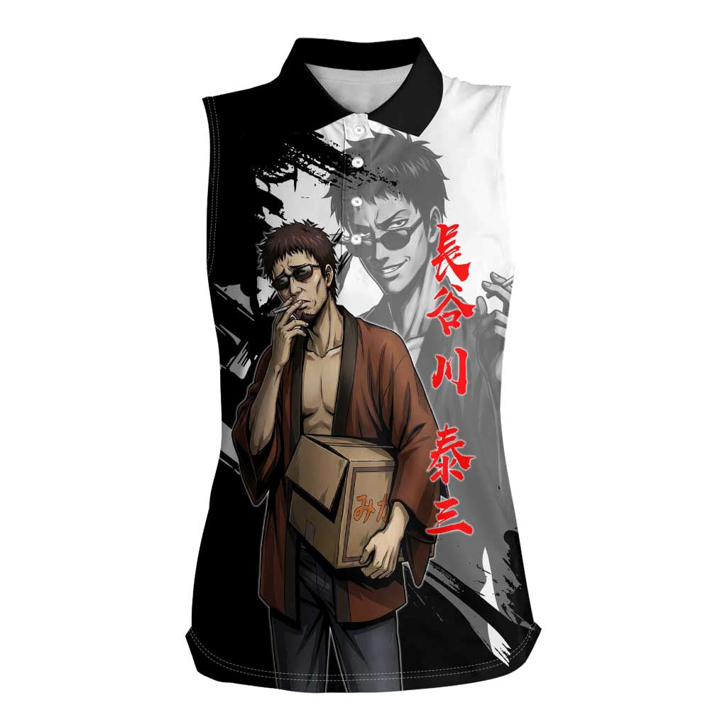 Taizo Hasegawa Women Sleeveless Polo Shirt Grunge Edo Comedy Ink Style