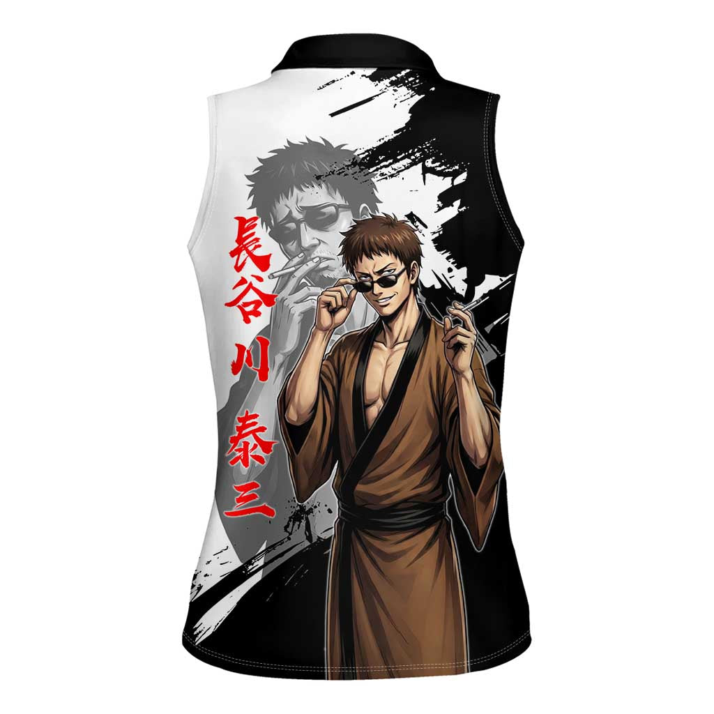 Taizo Hasegawa Women Sleeveless Polo Shirt Grunge Edo Comedy Ink Style