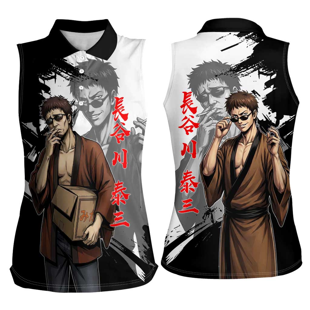 Taizo Hasegawa Women Sleeveless Polo Shirt Grunge Edo Comedy Ink Style