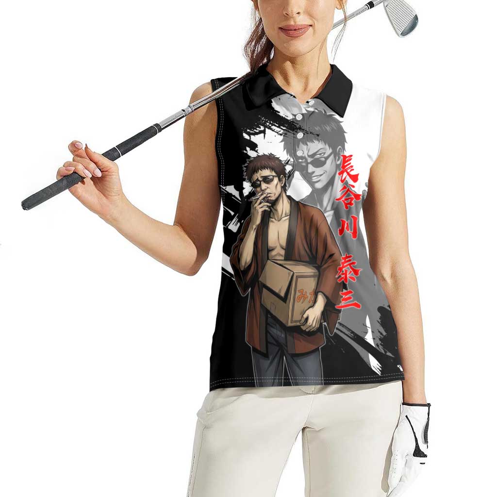 Taizo Hasegawa Women Sleeveless Polo Shirt Grunge Edo Comedy Ink Style