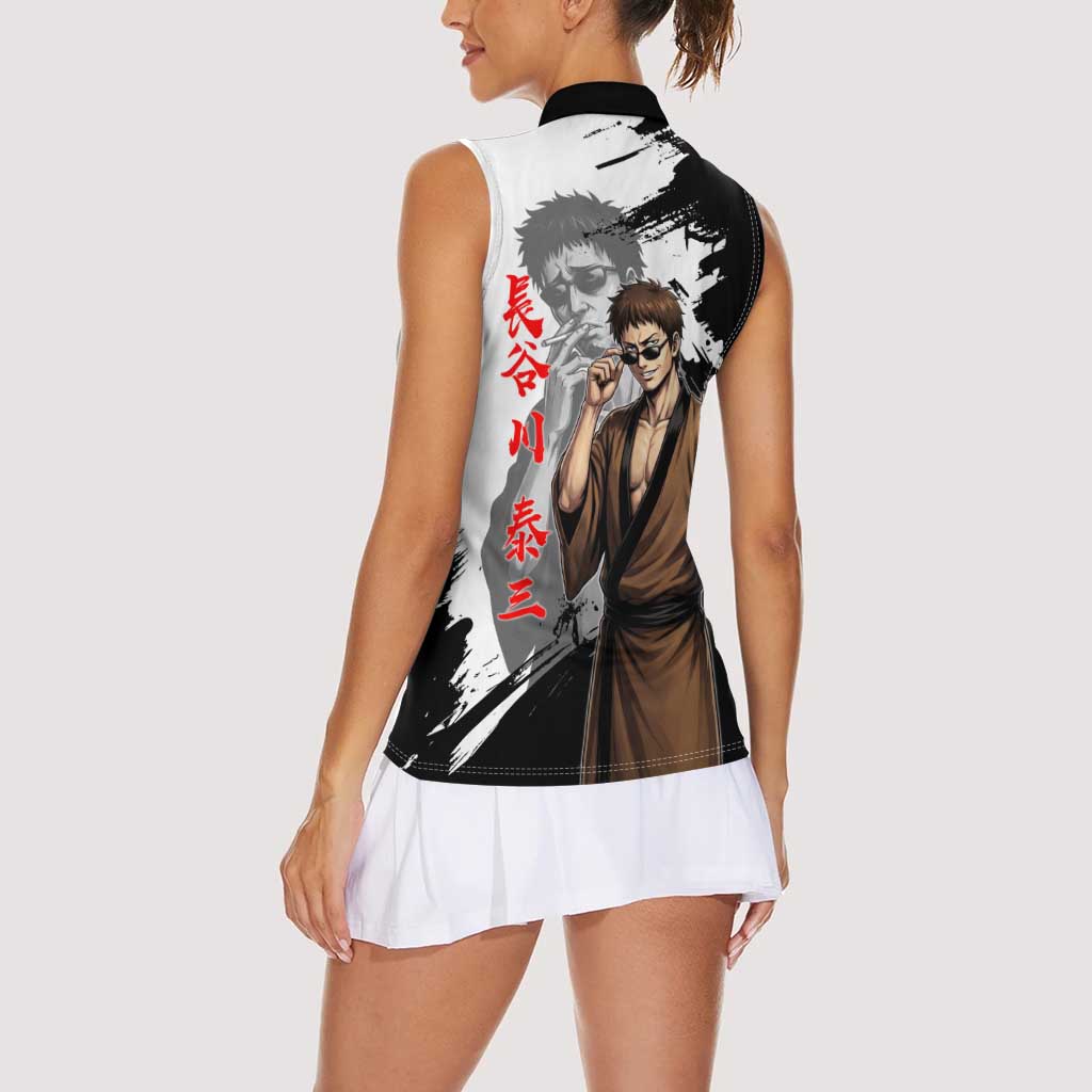 Taizo Hasegawa Women Sleeveless Polo Shirt Grunge Edo Comedy Ink Style