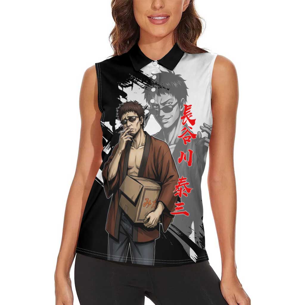 Taizo Hasegawa Women Sleeveless Polo Shirt Grunge Edo Comedy Ink Style