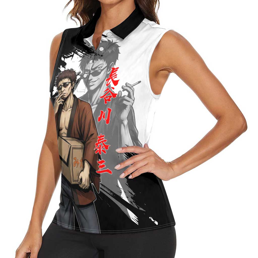 Taizo Hasegawa Women Sleeveless Polo Shirt Grunge Edo Comedy Ink Style