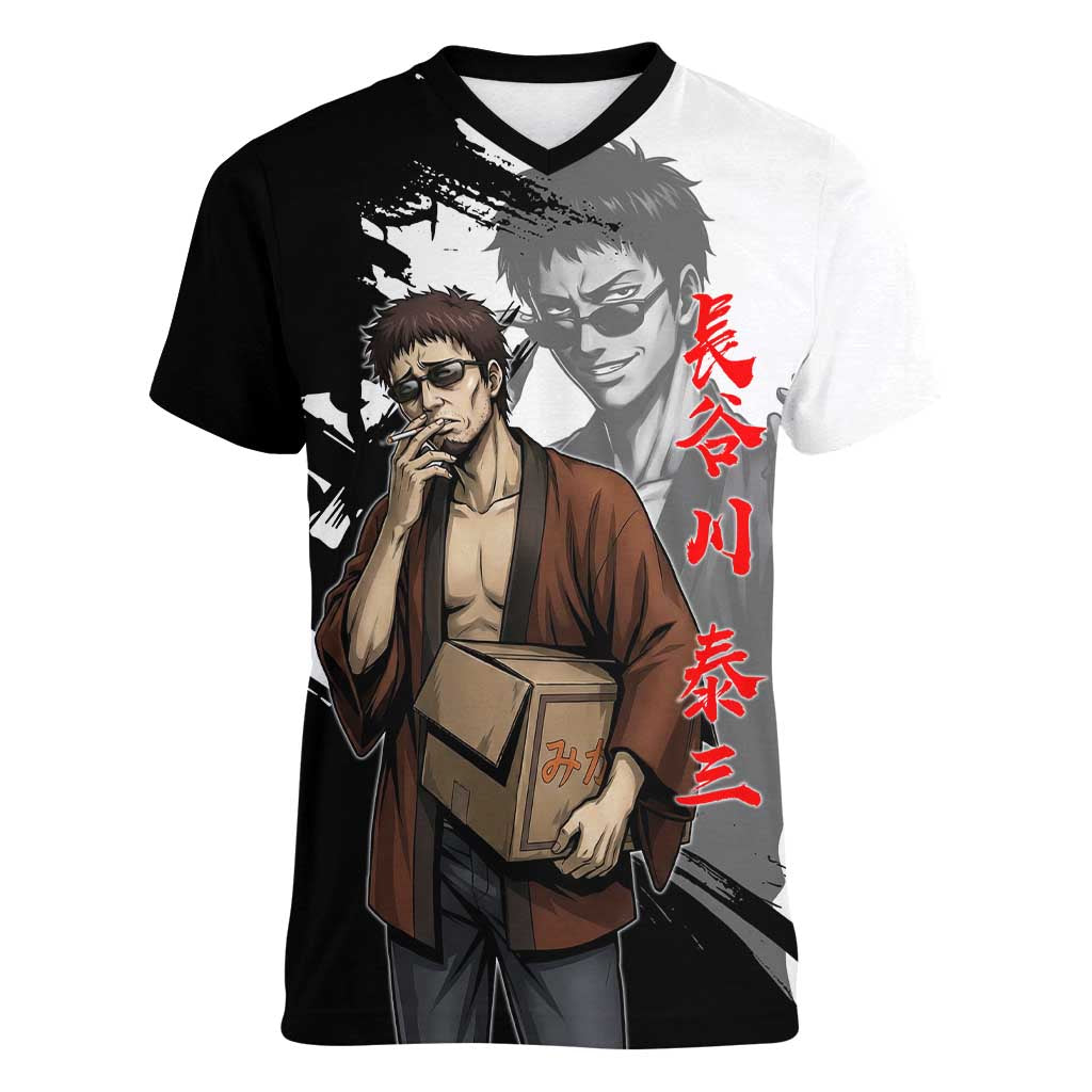 Taizo Hasegawa Women V-Neck T-Shirt Grunge Edo Comedy Ink Style