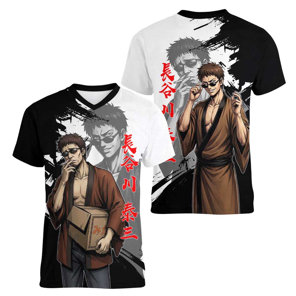 Taizo Hasegawa Women V-Neck T-Shirt Grunge Edo Comedy Ink Style