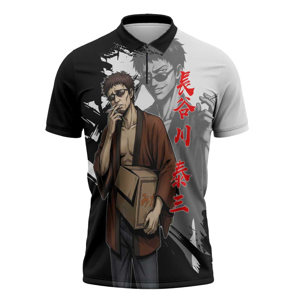 Taizo Hasegawa Zipper Polo Shirt Grunge Edo Comedy Ink Style