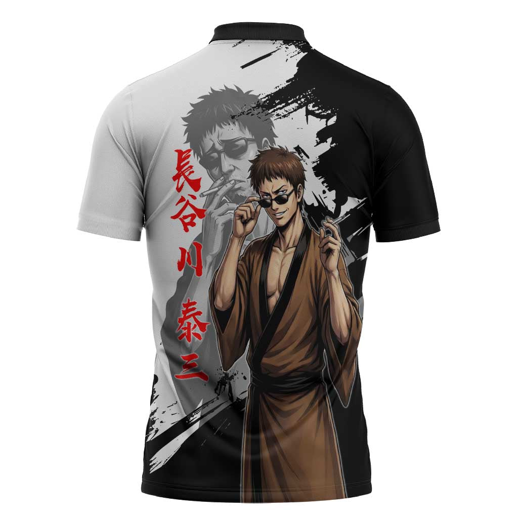 Taizo Hasegawa Zipper Polo Shirt Grunge Edo Comedy Ink Style