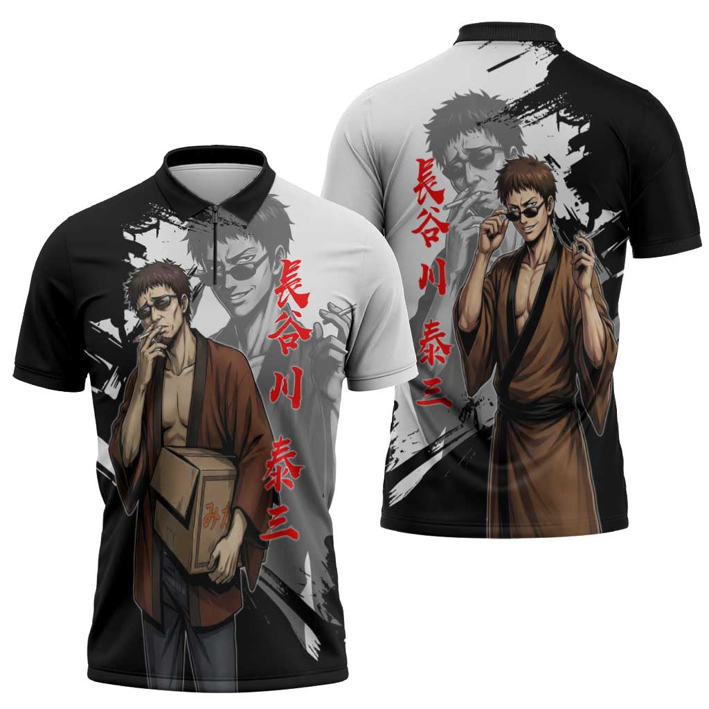Taizo Hasegawa Zipper Polo Shirt Grunge Edo Comedy Ink Style