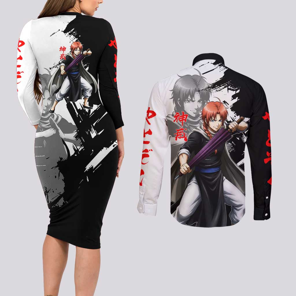 Kamui Couples Matching Long Sleeve Bodycon Dress and Long Sleeve Button Shirt Rogue Warrior Ink Clash Style
