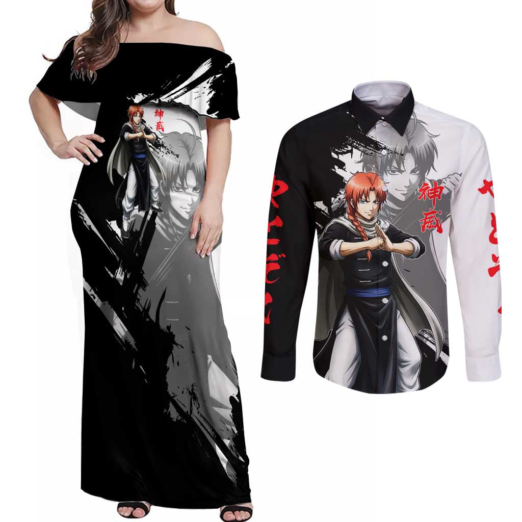 Kamui Couples Matching Off Shoulder Maxi Dress and Long Sleeve Button Shirt Rogue Warrior Ink Clash Style