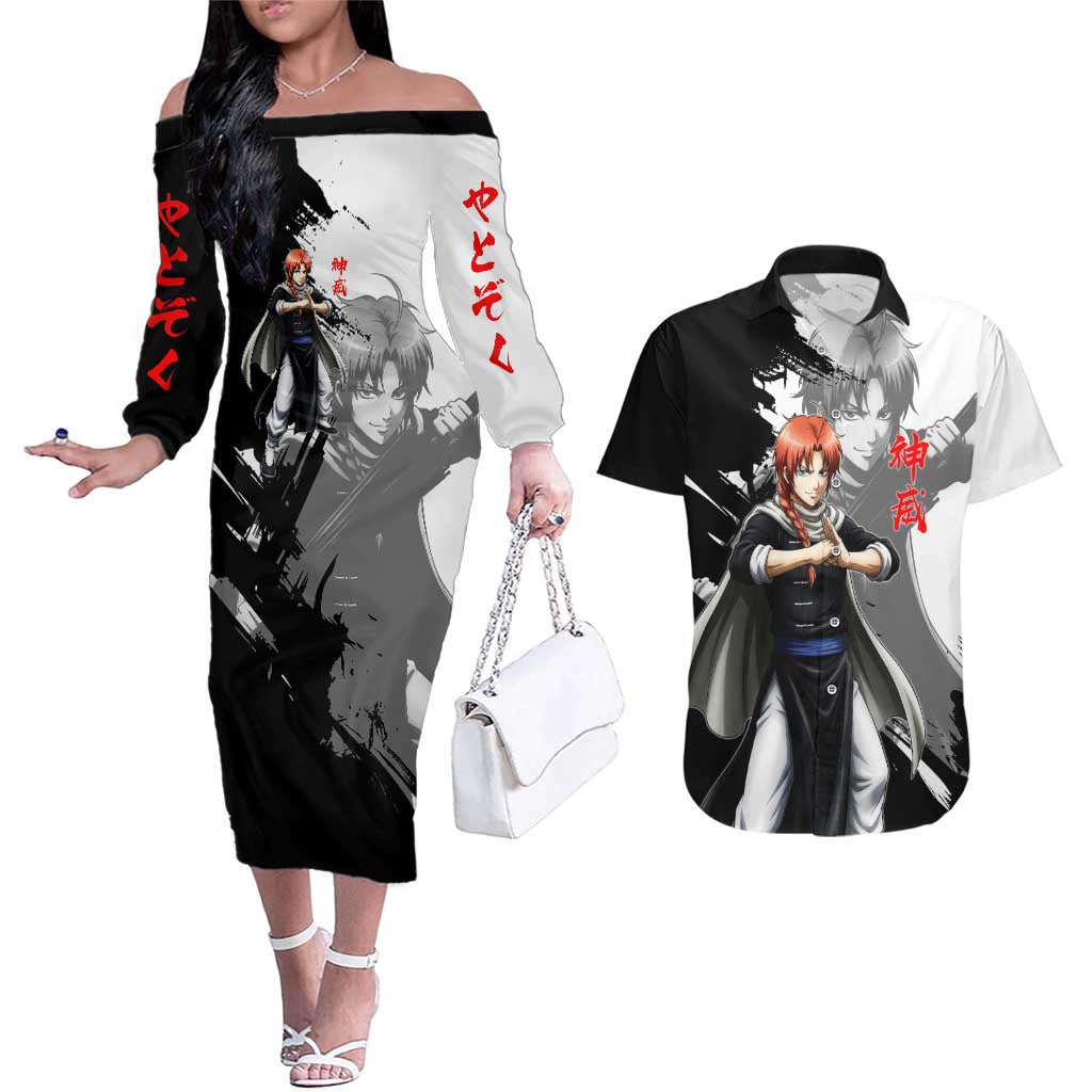 Kamui Couples Matching Off The Shoulder Long Sleeve Dress and Hawaiian Shirt Rogue Warrior Ink Clash Style