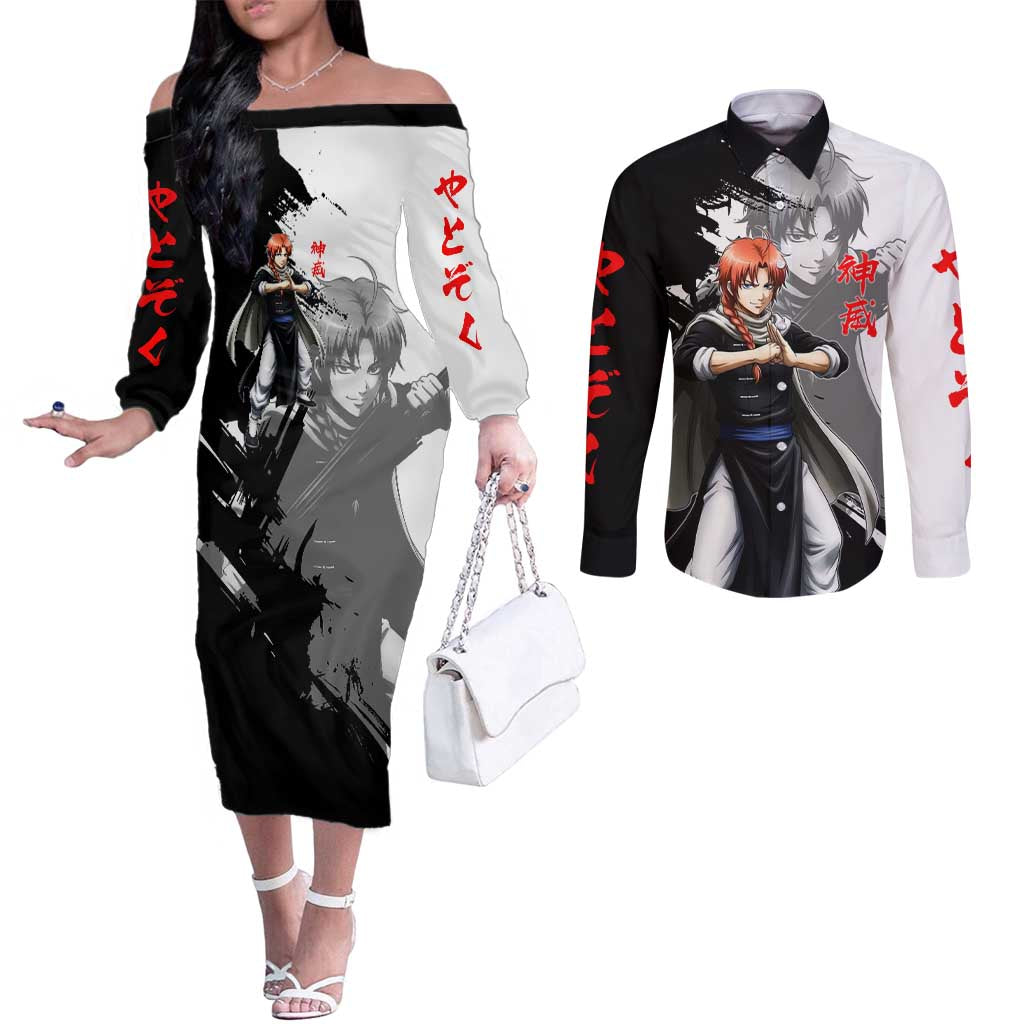 Kamui Couples Matching Off The Shoulder Long Sleeve Dress and Long Sleeve Button Shirt Rogue Warrior Ink Clash Style