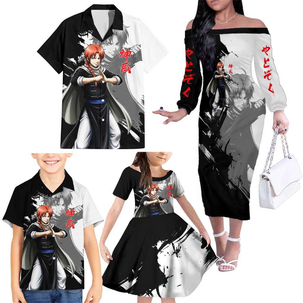 Kamui Family Matching Off The Shoulder Long Sleeve Dress and Hawaiian Shirt Rogue Warrior Ink Clash Style