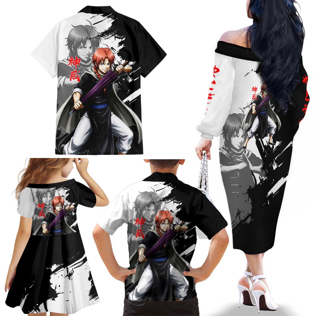 Kamui Family Matching Off The Shoulder Long Sleeve Dress and Hawaiian Shirt Rogue Warrior Ink Clash Style