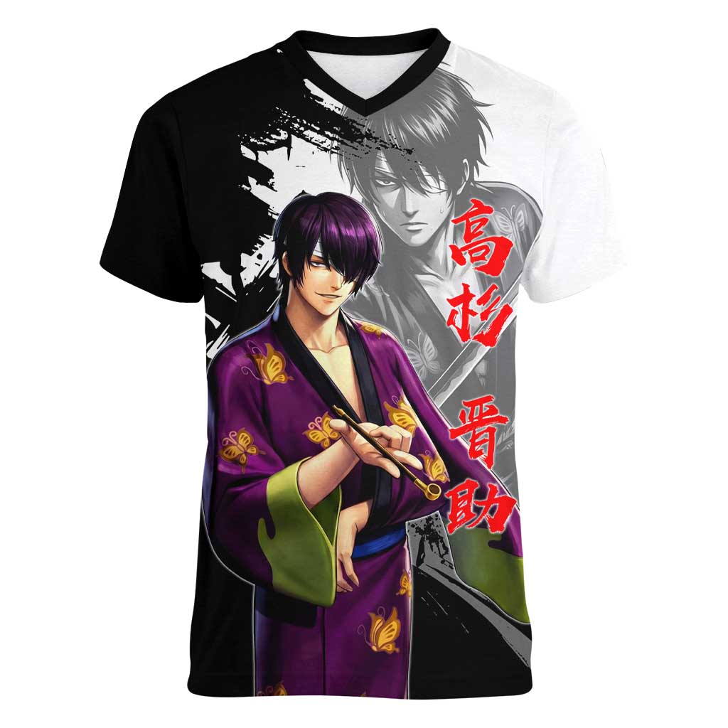 Shinsuke Takasugi Women V-Neck T-Shirt Dark Ronin Ink Wash Style