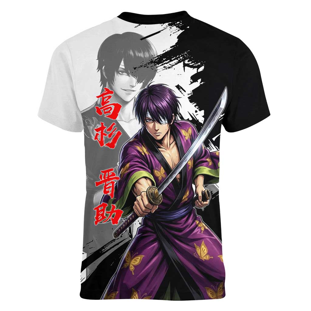 Shinsuke Takasugi Women V-Neck T-Shirt Dark Ronin Ink Wash Style