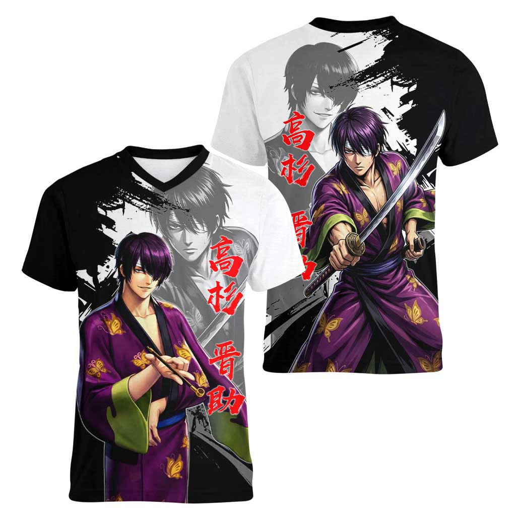 Shinsuke Takasugi Women V-Neck T-Shirt Dark Ronin Ink Wash Style